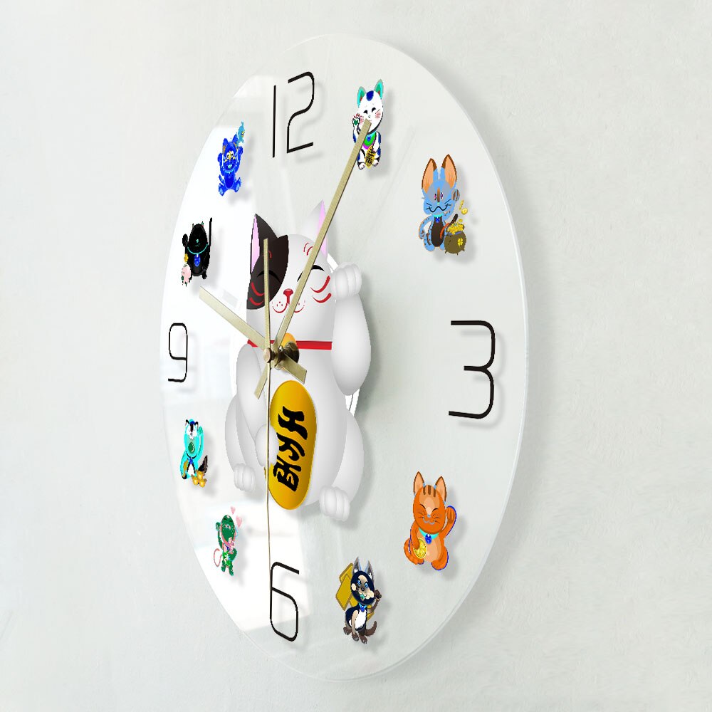 Maneki Neko Fortune Cat Cartoon Wall Clock Japanese Beckoning Cat Quiet Sweep Cute Lucky Cat Timepiece by Woody Signs Co. - Handmade Crafted Unique Wooden Creative