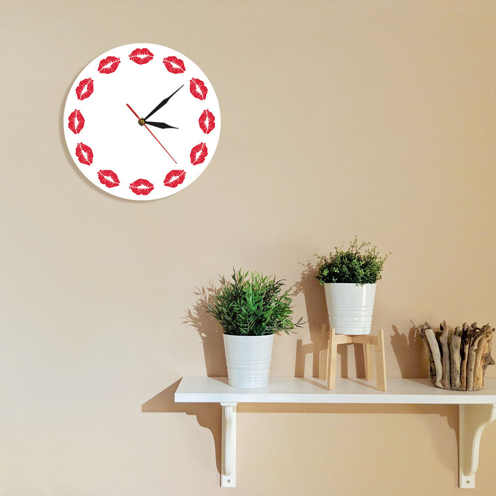 Red Lips Wall Clock Girls Room Exclusive Timekeeper Silent Sweet Kiss Fine Art Minimalist Wall Clock Gift For Her by Woody Signs Co. - Handmade Crafted Unique Wooden Creative