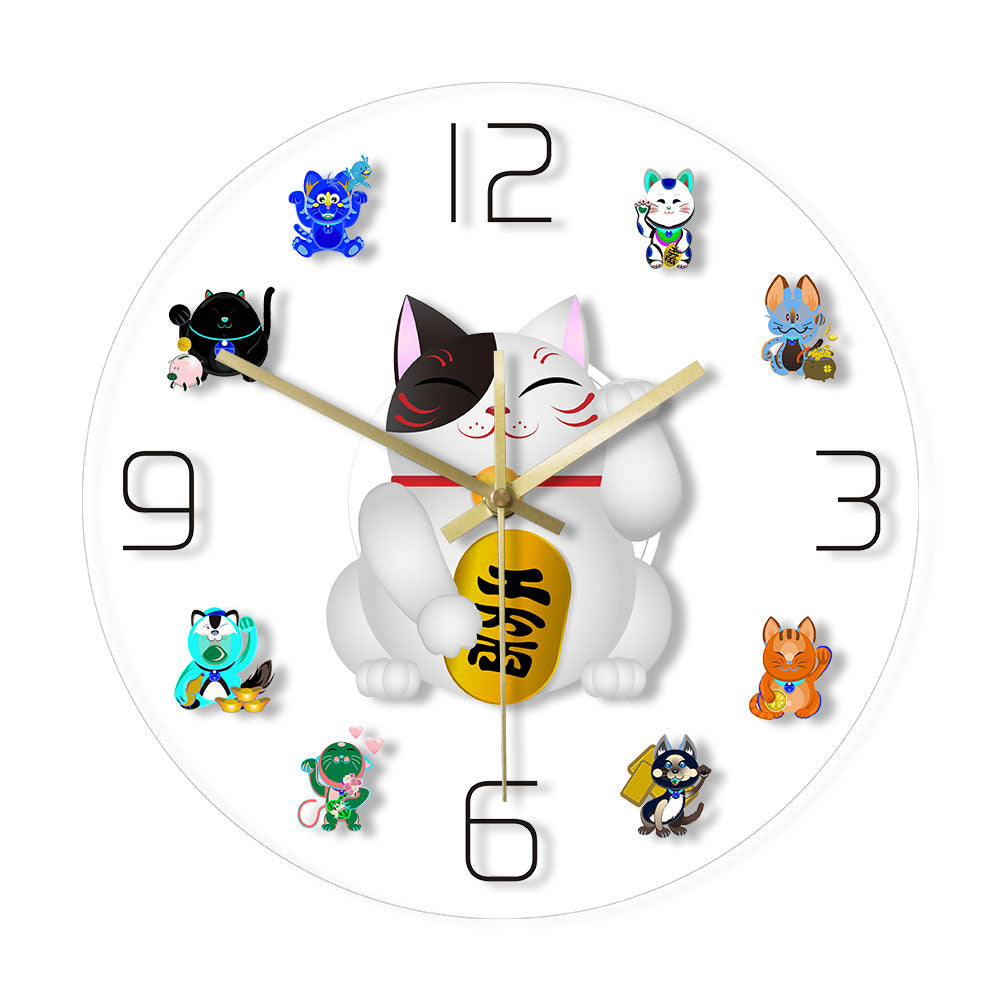 Maneki Neko Fortune Cat Cartoon Wall Clock Japanese Beckoning Cat Quiet Sweep Cute Lucky Cat Timepiece by Woody Signs Co. - Handmade Crafted Unique Wooden Creative