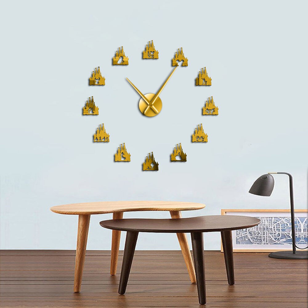 Princess Castle DIY Giant Wall Clock Girl Room Cartoon Style Silent Frameless Acrylic Mirror Effect Stickers by Woody Signs Co. - Handmade Crafted Unique Wooden Creative