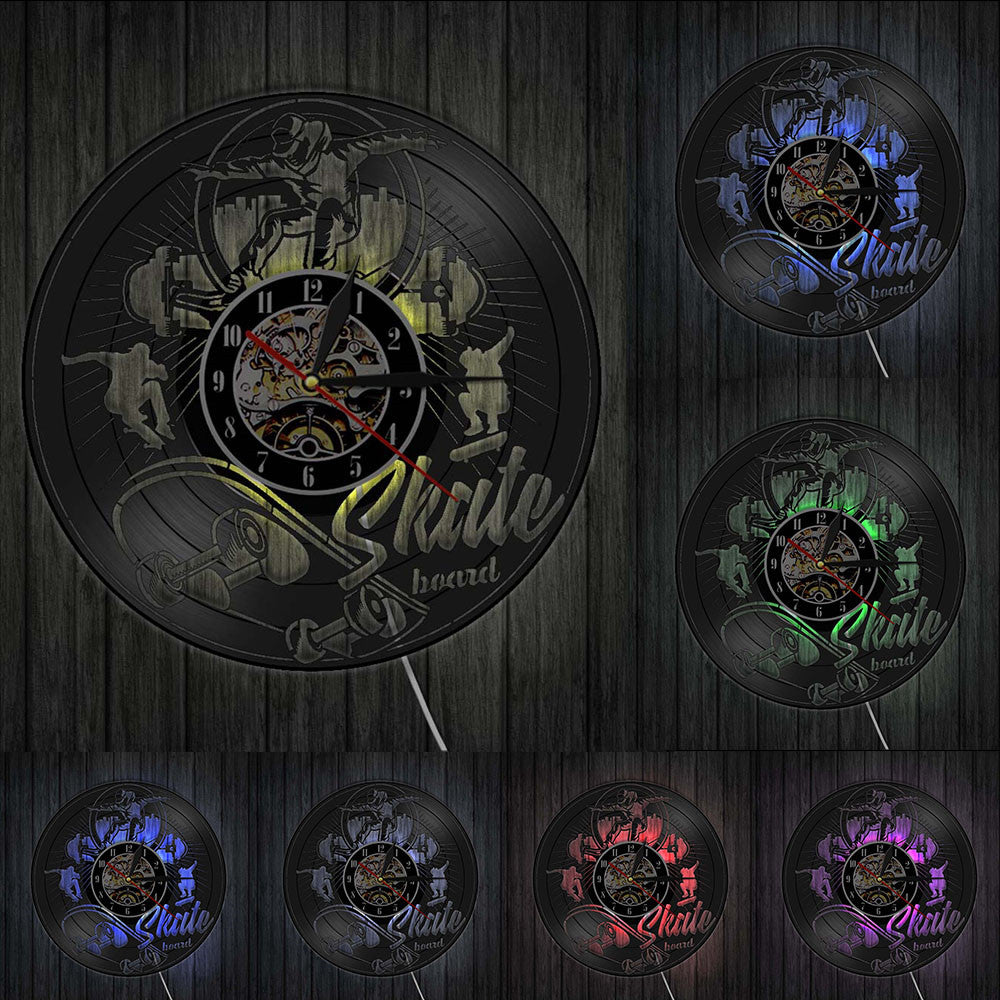 Skate Board Black Vinyl LP Wall Clock Skateboard Roller Skaters Vinyl Record Board Teenage Room Silent Quartz Clock by Woody Signs Co. - Handmade Crafted Unique Wooden Creative