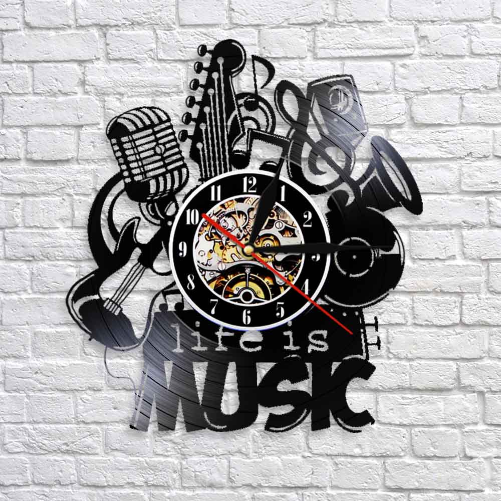 Life Is Music Wall Clock Modern Clock Make Of Vinyl Record Music Instruments Clock Unique For Music Lovers by Woody Signs Co. - Handmade Crafted Unique Wooden Creative