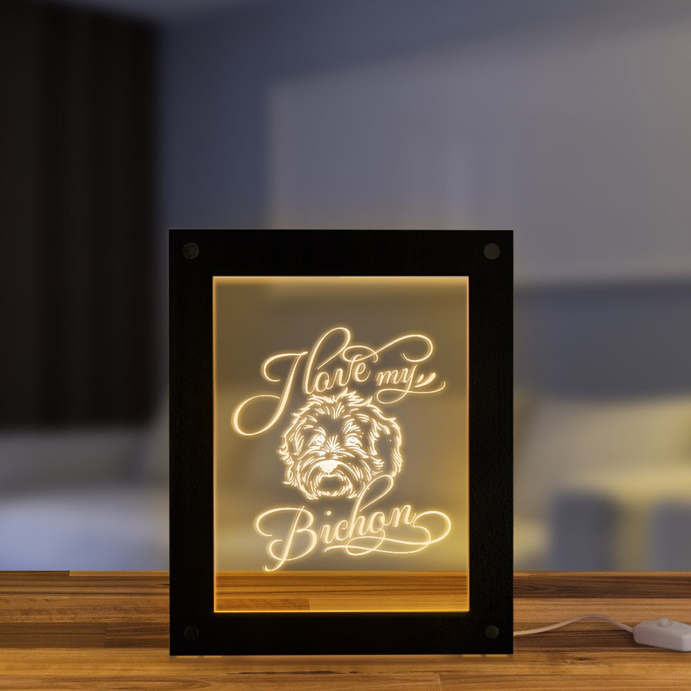 I Love My Bichon Wood LED Night Light Photo Custom Text Display Frame Puppy Dog Pet Owner Memorable by Woody Signs Co. - Handmade Crafted Unique Wooden Creative