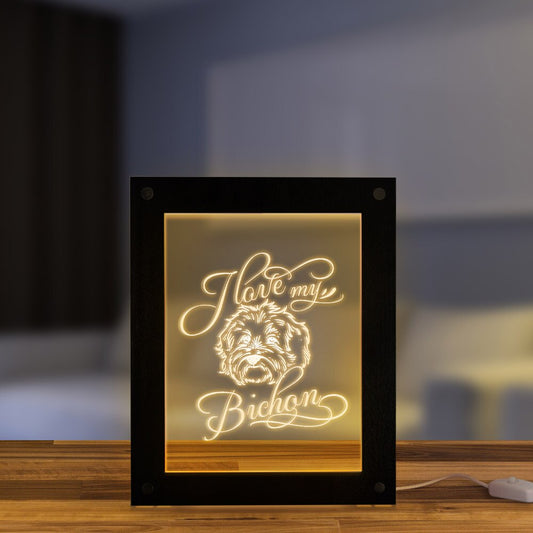 I Love My Bichon Wood LED Night Light  Photo Custom Text Display Frame  Puppy Dog Pet Owner Memorable by Woody Signs Co. - Handmade Crafted Unique Wooden Creative