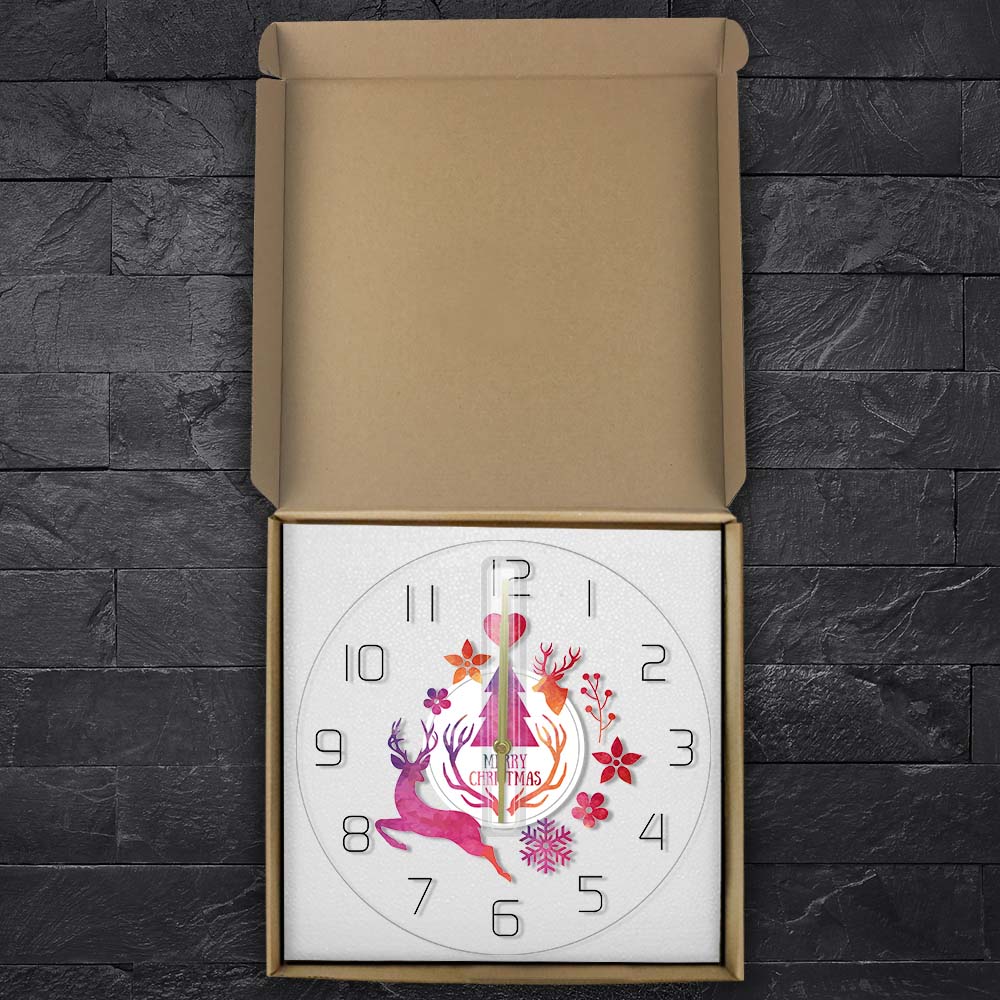 Merry Christmas Watercolor Deer Painting Print Modern Simple Wall Clock Holiday Hanging Timepiece New Year by Woody Signs Co. - Handmade Crafted Unique Wooden Creative