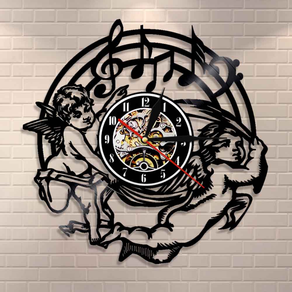 Music Notes Wall Clock Angel Kids Vinyl Record Clock Modern Baby Angels Musical Angels Clocks Music Lovers by Woody Signs Co. - Handmade Crafted Unique Wooden Creative