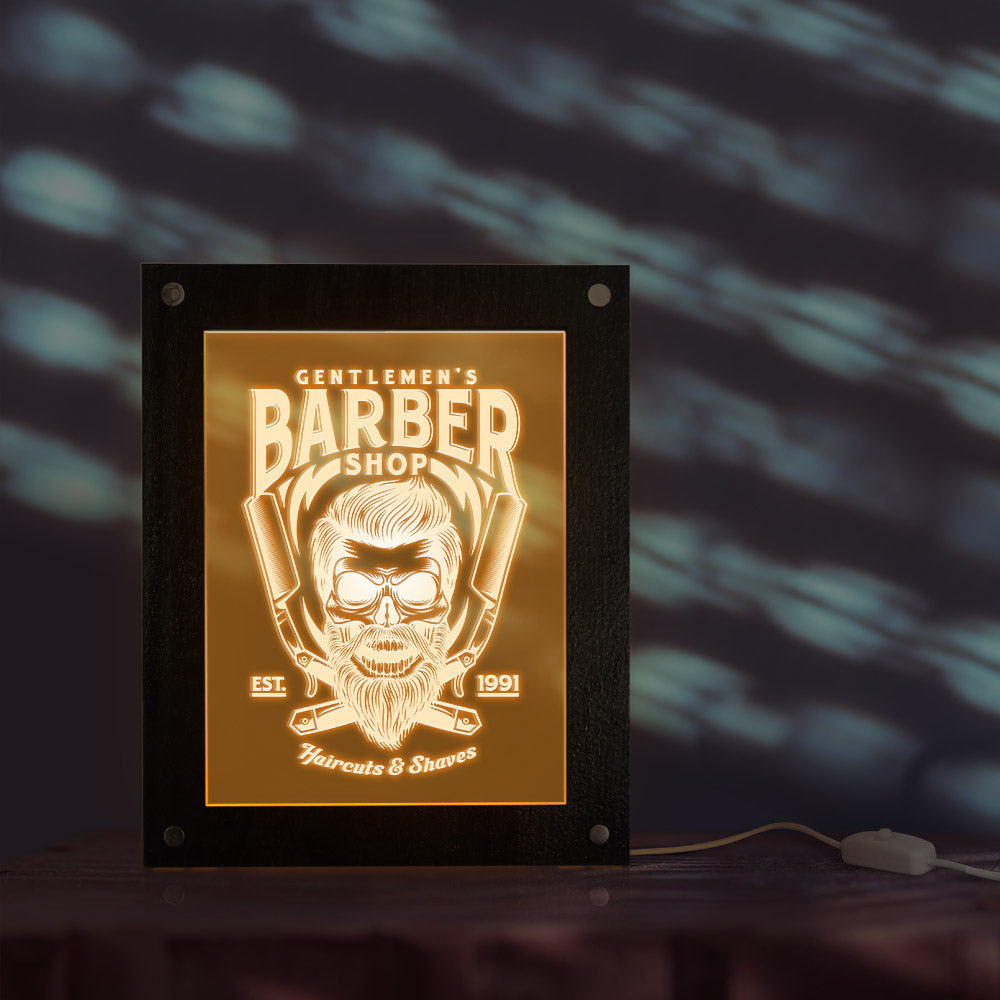 Gentlemen's Barber Shop Desktop LED Lighting Advertisement Board Custom Barber Logo Business Sign Haircuts & Shave Wooden Frame by Woody Signs Co. - Handmade Crafted Unique Wooden Creative