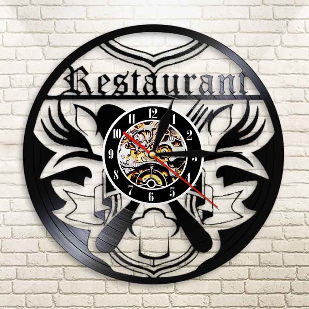 Restaurant Business Sign Clock Kitchen Vinyl Record Wall Clock Eatery Chef Foodie Knife Fork Time Clock by Woody Signs Co. - Handmade Crafted Unique Wooden Creative