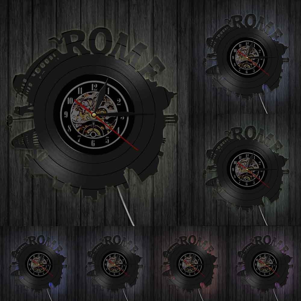 Rome City Skyline Colosseum Wall Clock Italy Capital Skyround Rome Cityscape Vinyl Record Wall Clock Memorabilia by Woody Signs Co. - Handmade Crafted Unique Wooden Creative