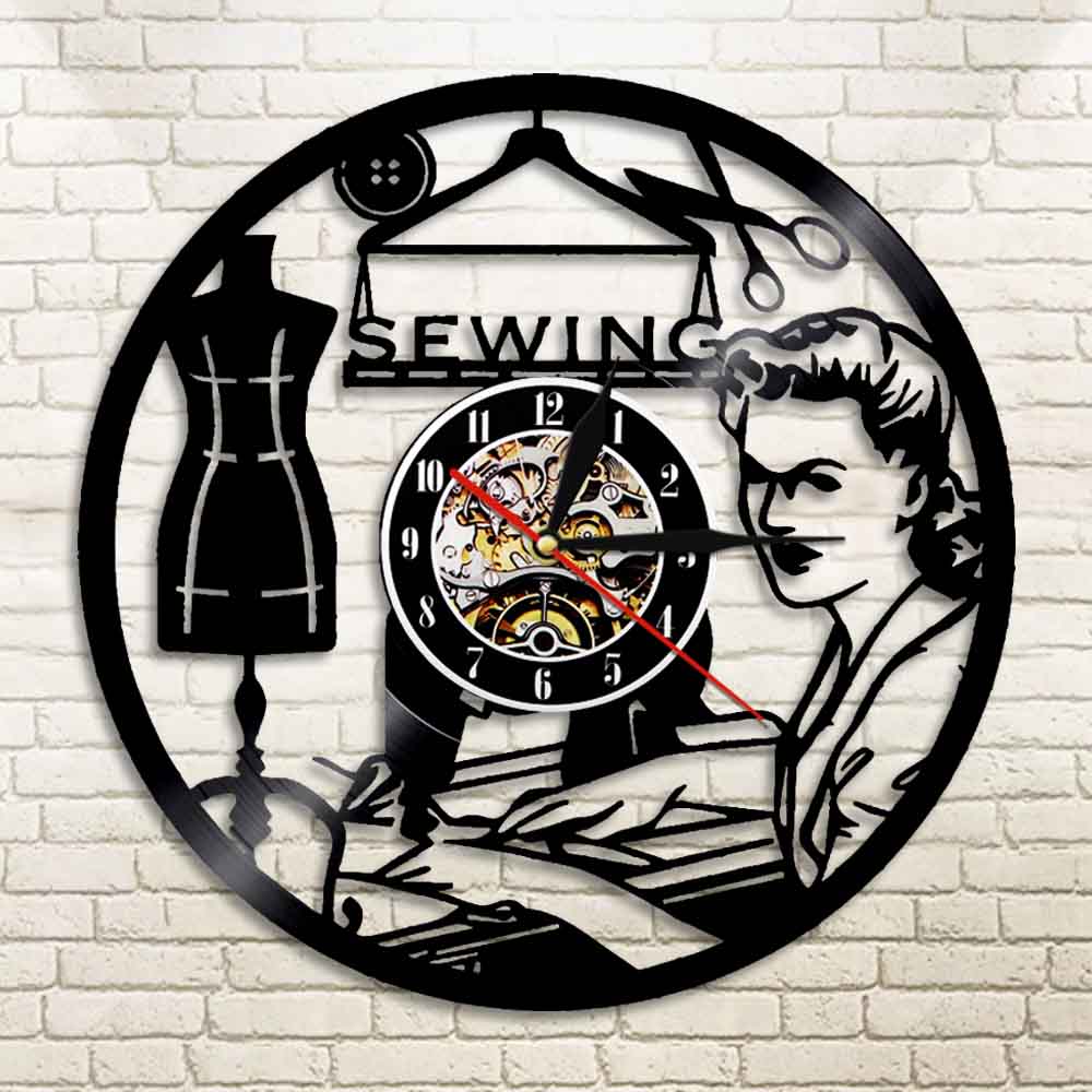 Retro Sewing Machine Wall Clock Quilting Vinyl Disc Record Clock Quilter Gift for Women Handmade Fahshion Store Decor by Woody Signs Co. - Handmade Crafted Unique Wooden Creative