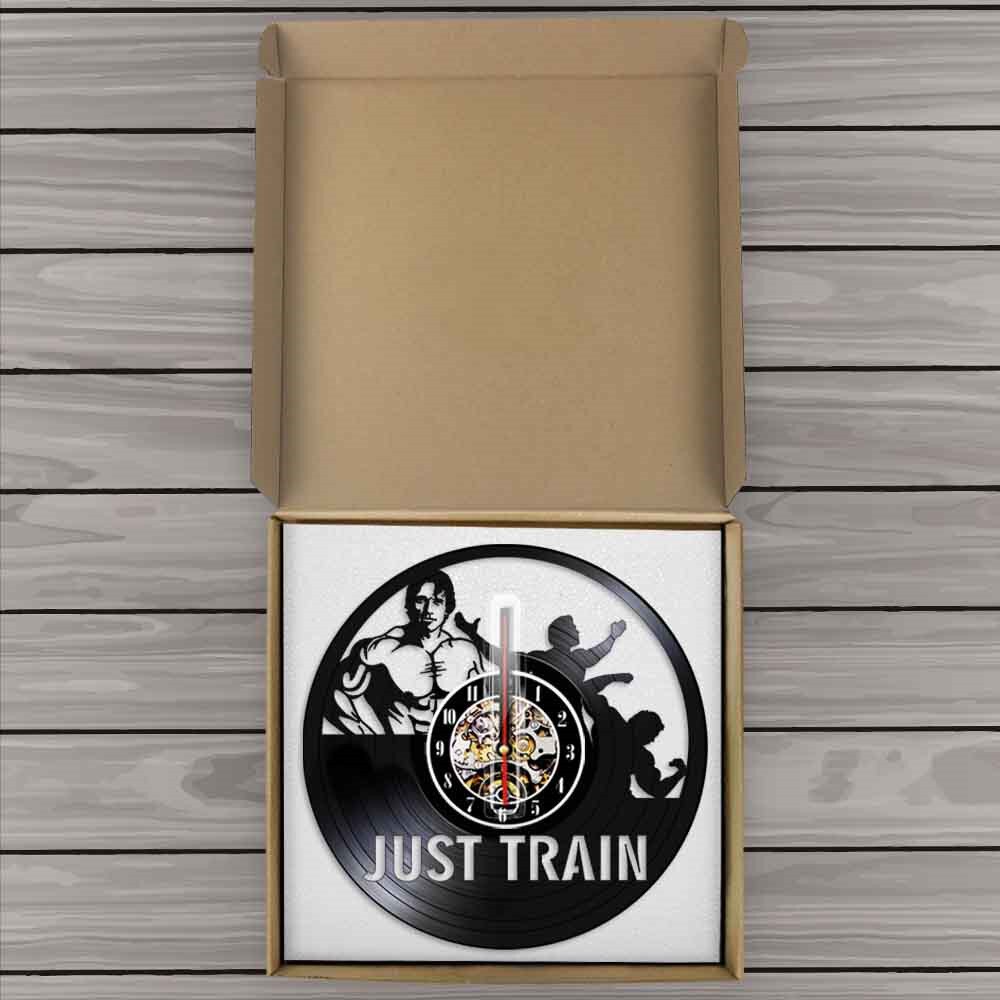 Just Train GYM Wall Clock Muscle Man Weighting Vinyl Record Wall Clock Fitness Center Clock by Woody Signs Co. - Handmade Crafted Unique Wooden Creative
