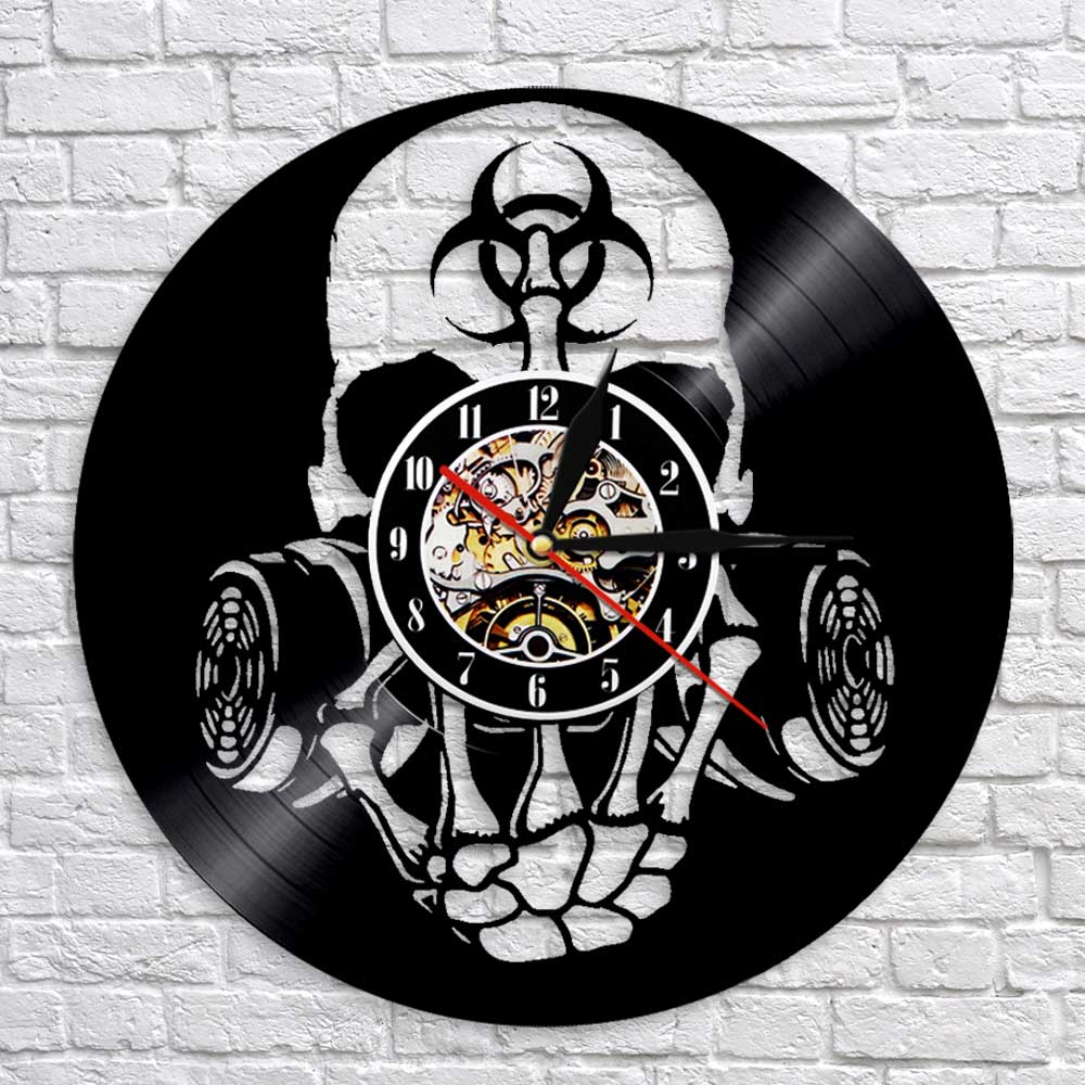 Toxic Biohazard Zombie Gas Mask Skull Wall Clock Vinyl Record Clock Biochemical Skull Clock Halloween Skull Lovers Gift by Woody Signs Co. - Handmade Crafted Unique Wooden Creative