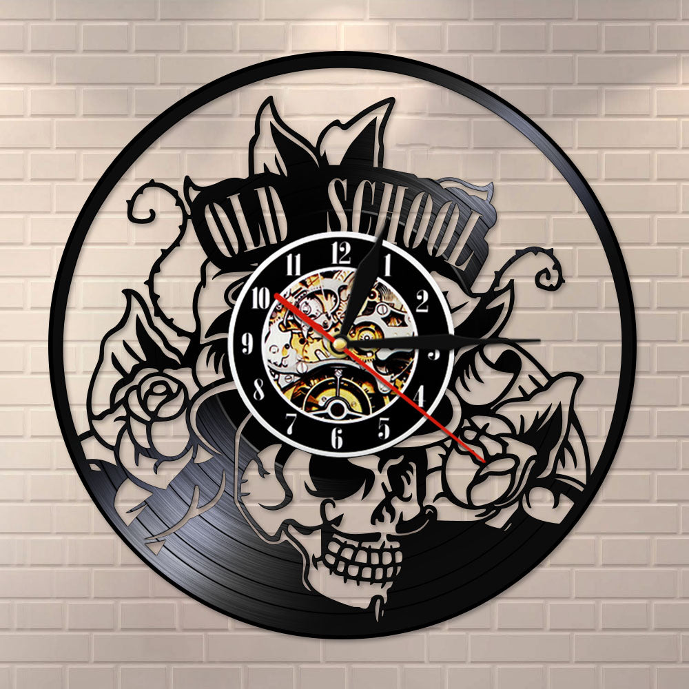 Old School Art Tattoo Studio Wall Sign Silent Vinyl Record Wall Clock Skull with Flower Watch Decor Hipster Men Gift by Woody Signs Co. - Handmade Crafted Unique Wooden Creative