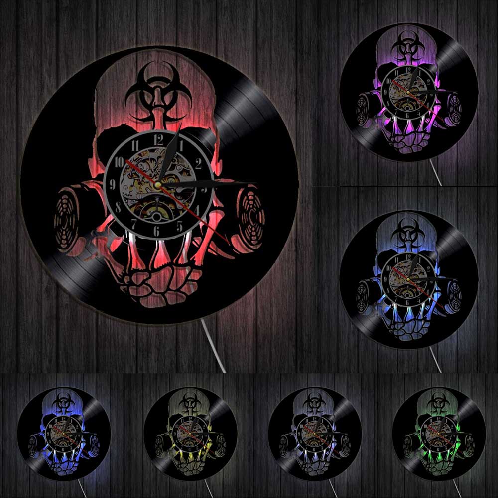 Toxic Biohazard Zombie Gas Mask Skull Wall Clock Vinyl Record Clock Biochemical Skull Clock Halloween Skull Lovers Gift by Woody Signs Co. - Handmade Crafted Unique Wooden Creative