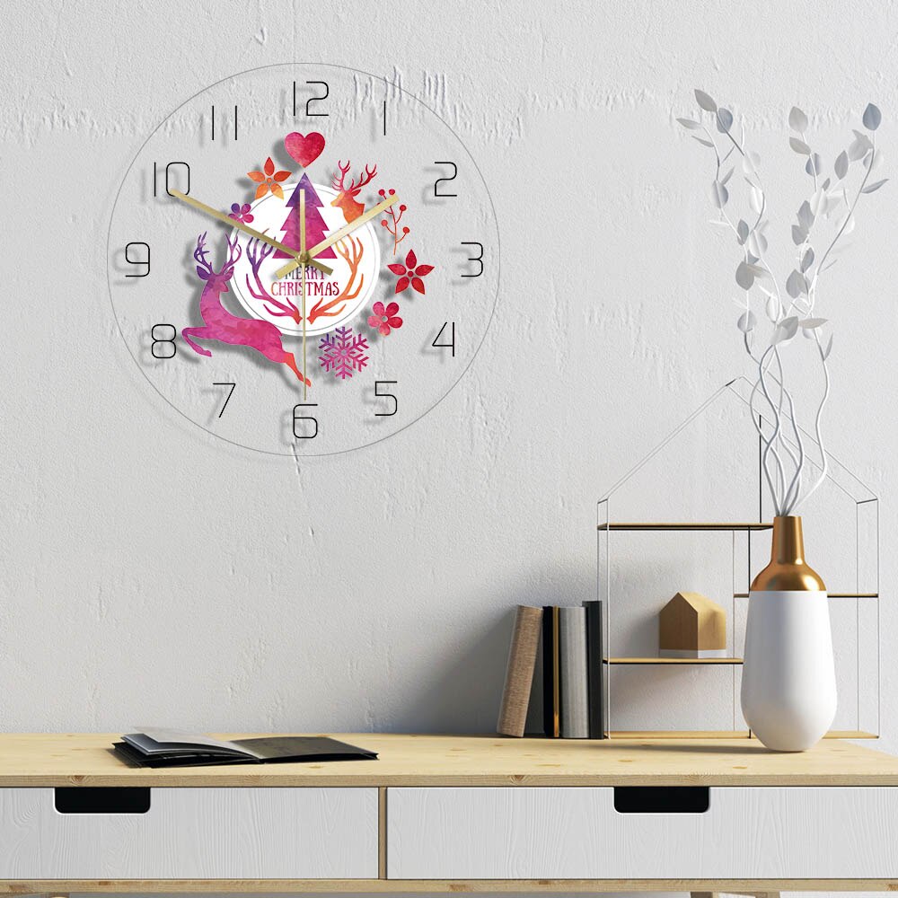 Merry Christmas Watercolor Deer Painting Print Modern Simple Wall Clock Holiday Hanging Timepiece New Year by Woody Signs Co. - Handmade Crafted Unique Wooden Creative