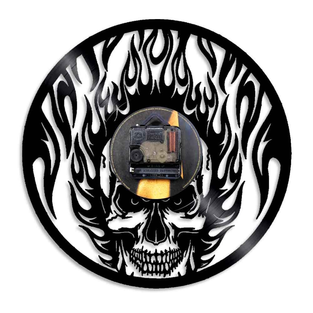 Flaming Skull Wall Clock Skull Head On Fire Vinyl Record Wall Clock Fire Burning Skeleton Halloween Clock by Woody Signs Co. - Handmade Crafted Unique Wooden Creative