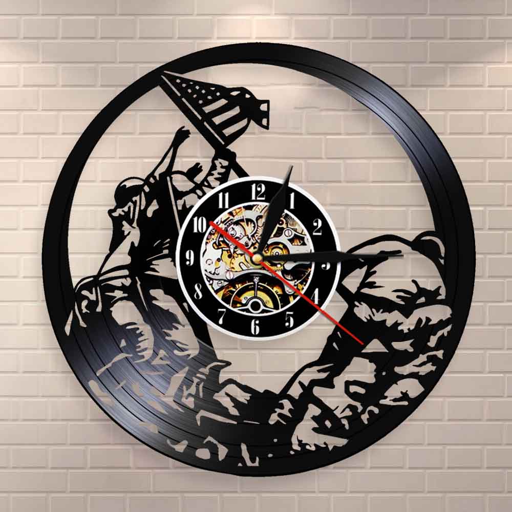 Marines Raising the Flag on Iwo Jima WWll Wall Clock WW2 United States Flag Contemporary Vinyl Record Soldiers Clock by Woody Signs Co. - Handmade Crafted Unique Wooden Creative