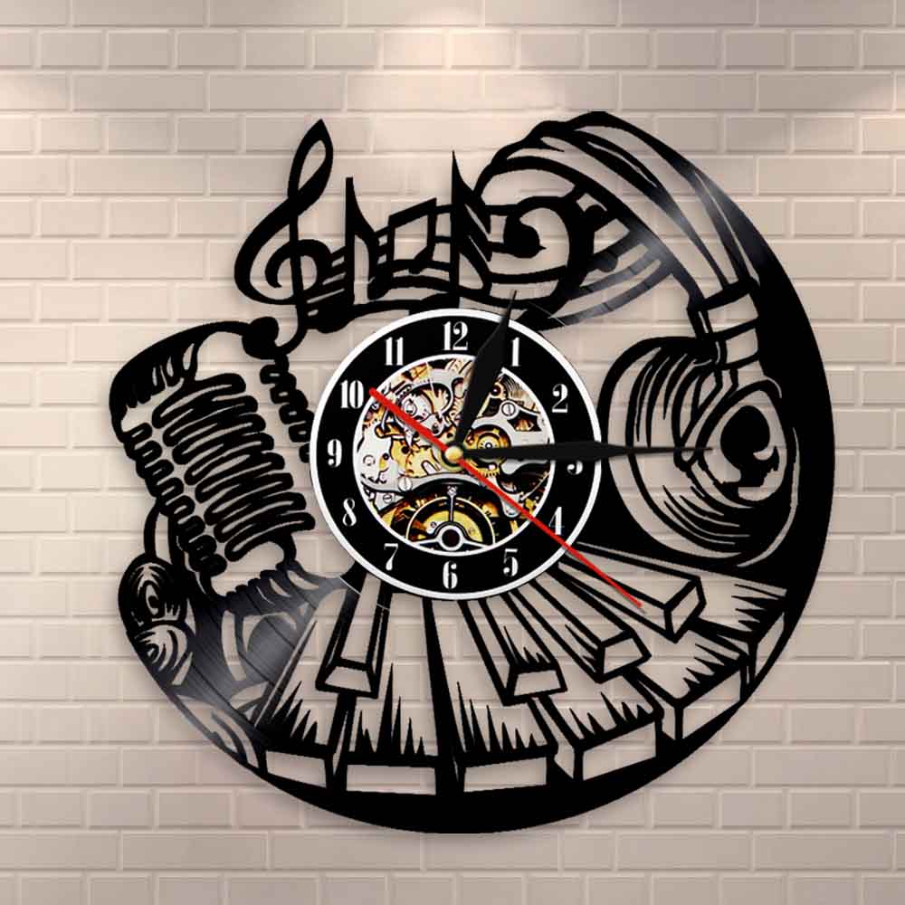 Musical Wall Clock Rock and Roll Vinyl Record Clock Music Instrument Piano Microphone Headset Vinyl Clock by Woody Signs Co. - Handmade Crafted Unique Wooden Creative