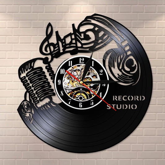 Music Notes  Treble Clef Vinyl Record Wall Clock Music Art Vintage Clock Watch Rock n Roll Headset Microphone Wall Light by Woody Signs Co. - Handmade Crafted Unique Wooden Creative