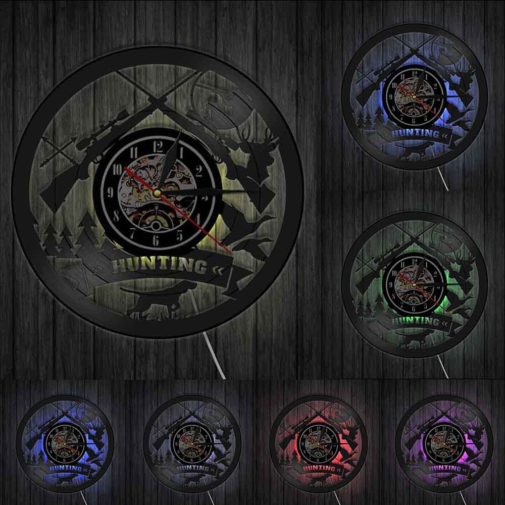 Hunting Logo Rifle Gun Sign Wall Clock Animal Hunting Adventure Vinyl Record Wall Clock Wilderness Tribal Hunter by Woody Signs Co. - Handmade Crafted Unique Wooden Creative