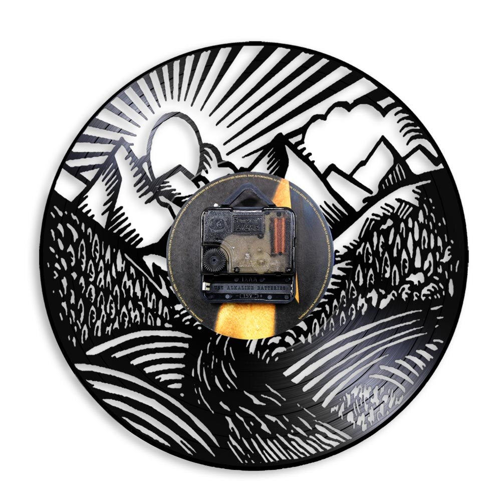 Mountain Landscape Wall Clock Scenic Landscape Mountain Peak Gold Sun Vinyl Record Wall Clock Traveller Adventurer Gift by Woody Signs Co. - Handmade Crafted Unique Wooden Creative