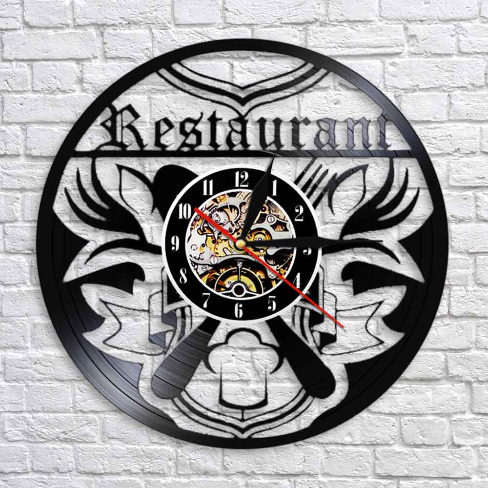 Restaurant Business Sign Clock Kitchen Vinyl Record Wall Clock Eatery Chef Foodie Knife Fork Time Clock by Woody Signs Co. - Handmade Crafted Unique Wooden Creative