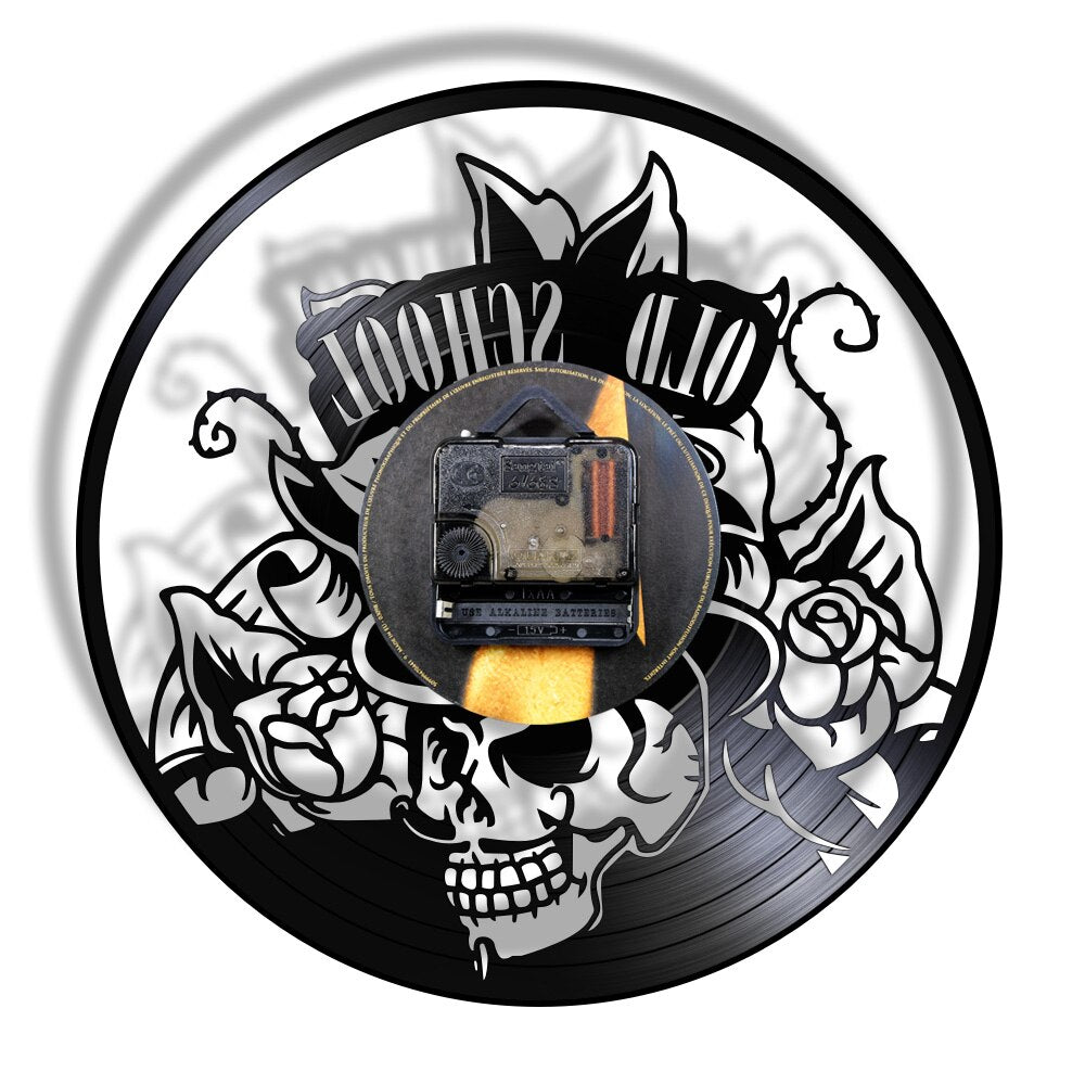 Old School Art Tattoo Studio Wall Sign Silent Vinyl Record Wall Clock Skull with Flower Watch Decor Hipster Men Gift by Woody Signs Co. - Handmade Crafted Unique Wooden Creative