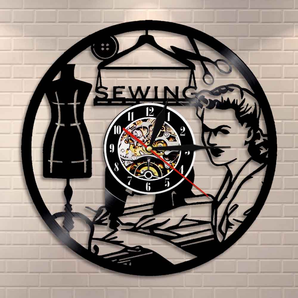 Retro Sewing Machine Wall Clock Quilting Vinyl Disc Record Clock Quilter Gift for Women Handmade Fahshion Store Decor by Woody Signs Co. - Handmade Crafted Unique Wooden Creative