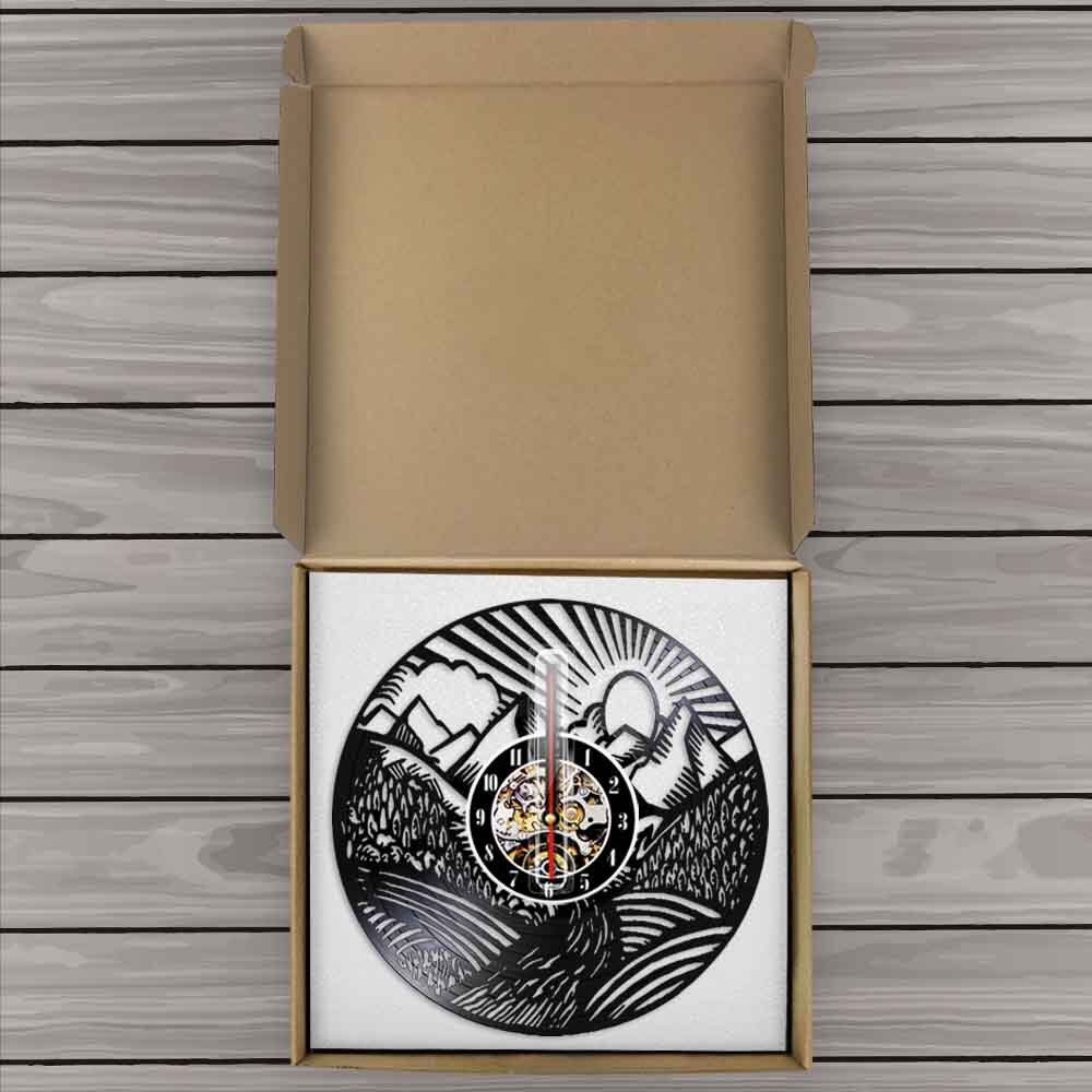 Mountain Landscape Wall Clock Scenic Landscape Mountain Peak Gold Sun Vinyl Record Wall Clock Traveller Adventurer Gift by Woody Signs Co. - Handmade Crafted Unique Wooden Creative