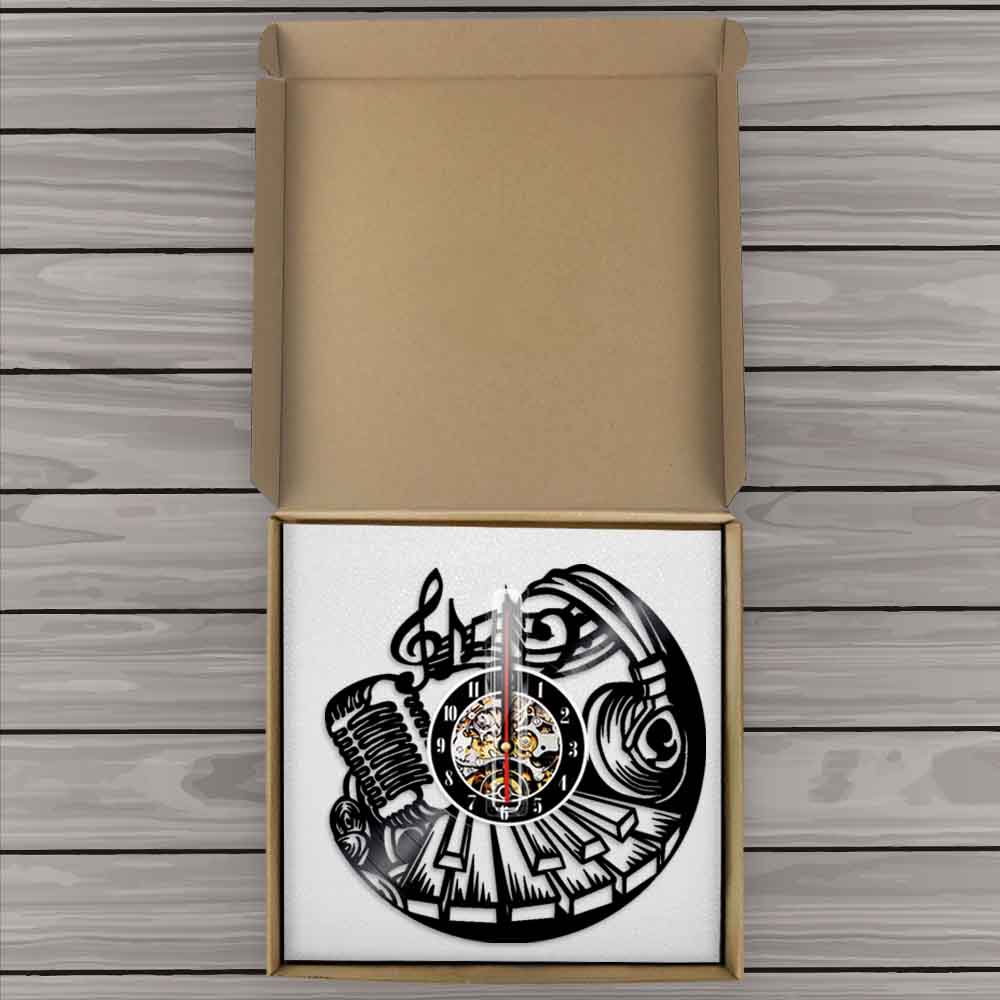 Musical Wall Clock Rock and Roll Vinyl Record Clock Music Instrument Piano Microphone Headset Vinyl Clock by Woody Signs Co. - Handmade Crafted Unique Wooden Creative
