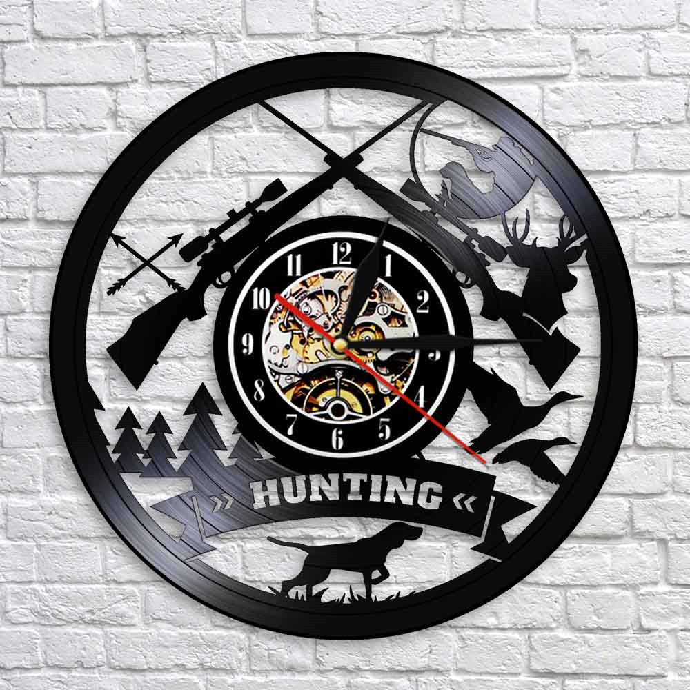 Hunting Logo Rifle Gun Sign Wall Clock Animal Hunting Adventure Vinyl Record Wall Clock Wilderness Tribal Hunter by Woody Signs Co. - Handmade Crafted Unique Wooden Creative