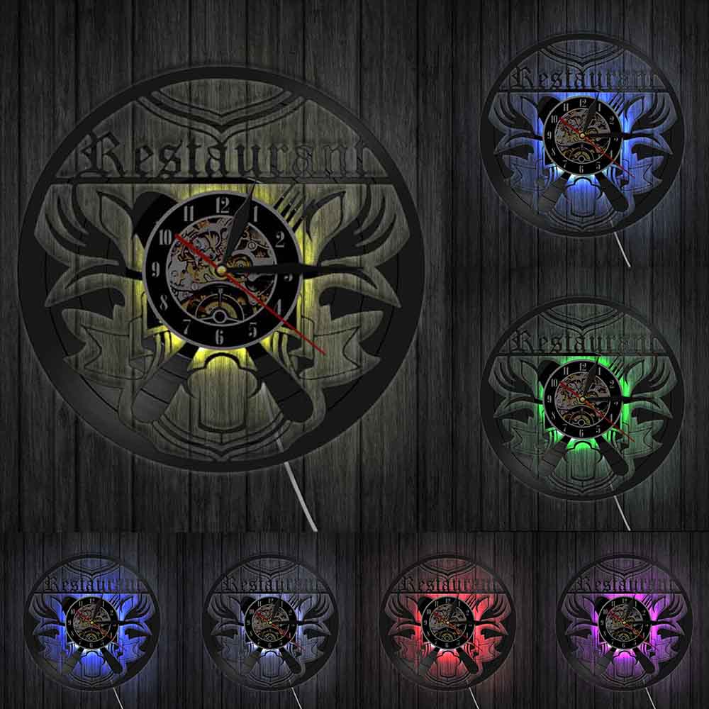 Restaurant Business Sign  Clock Kitchen Vinyl Record Wall Clock Eatery  Chef Foodie  Knife Fork Time Clock by Woody Signs Co. - Handmade Crafted Unique Wooden Creative