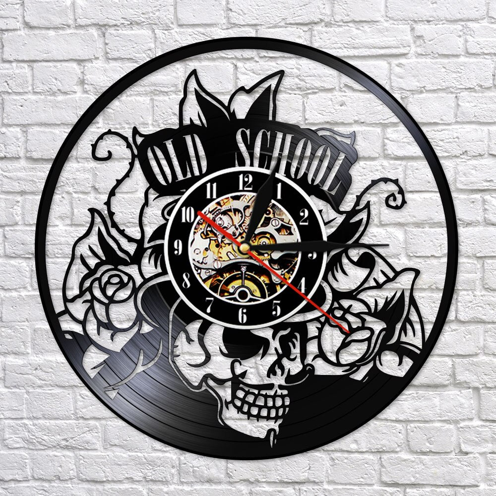 Old School Art Tattoo Studio Wall Sign Silent Vinyl Record Wall Clock Skull with Flower Watch Decor Hipster Men Gift by Woody Signs Co. - Handmade Crafted Unique Wooden Creative