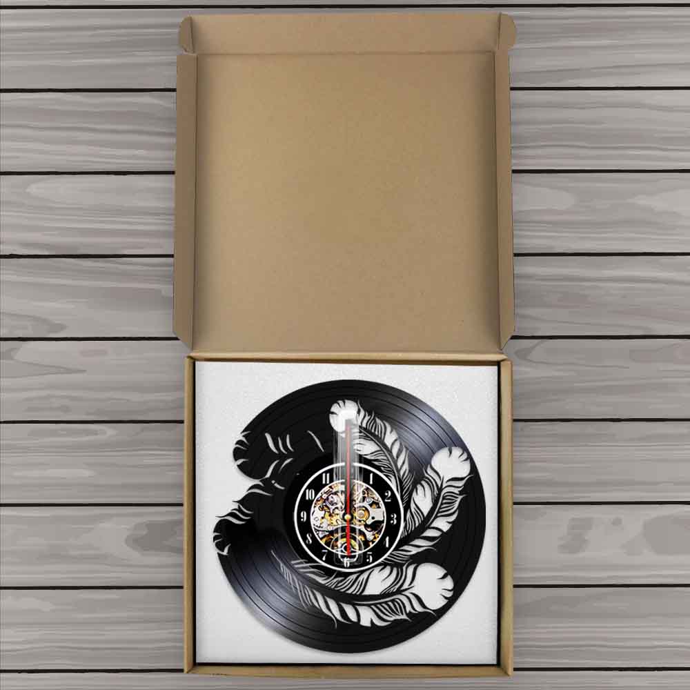Bird Feathers Wall Art Wall Clock Natural Interior Vinyl Record Wall Clock Modern Hanging Watch Bird Pet Owners by Woody Signs Co. - Handmade Crafted Unique Wooden Creative