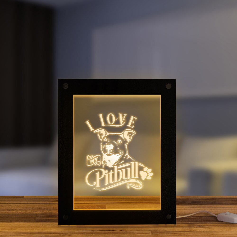 I Love My Pitbull 3D Optical illusion Lamp  Pit Bull Dog Led Photo Frame Bedroom Night Light Dog Breed Memorial by Woody Signs Co. - Handmade Crafted Unique Wooden Creative