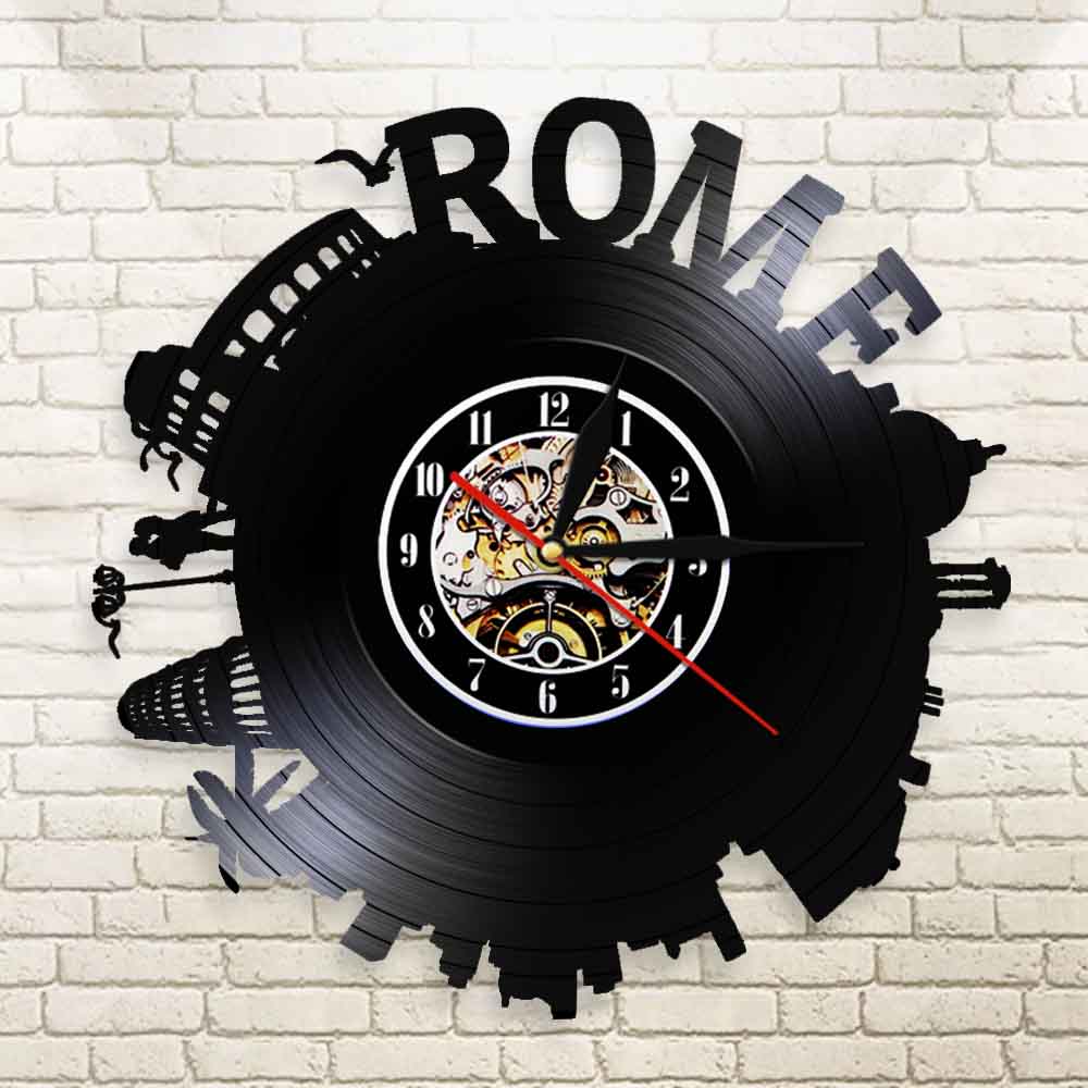 Rome City Skyline Colosseum Wall Clock Italy Capital Skyround Rome Cityscape Vinyl Record Wall Clock Memorabilia by Woody Signs Co. - Handmade Crafted Unique Wooden Creative