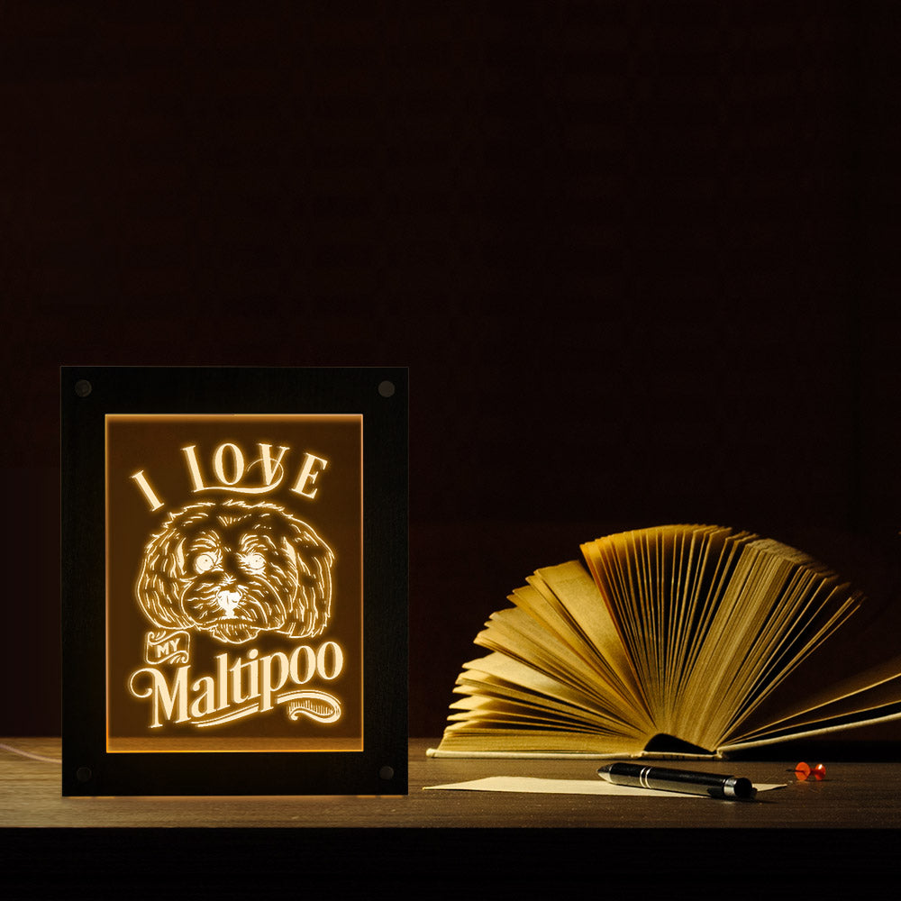 I Love My Maltipoo Maltese Poodle Mixed Breed Dog Acrylic LED Edge Lit Wooden Picture Frame Kid Room Bedside Sleepy Night Light by Woody Signs Co. - Handmade Crafted Unique Wooden Creative