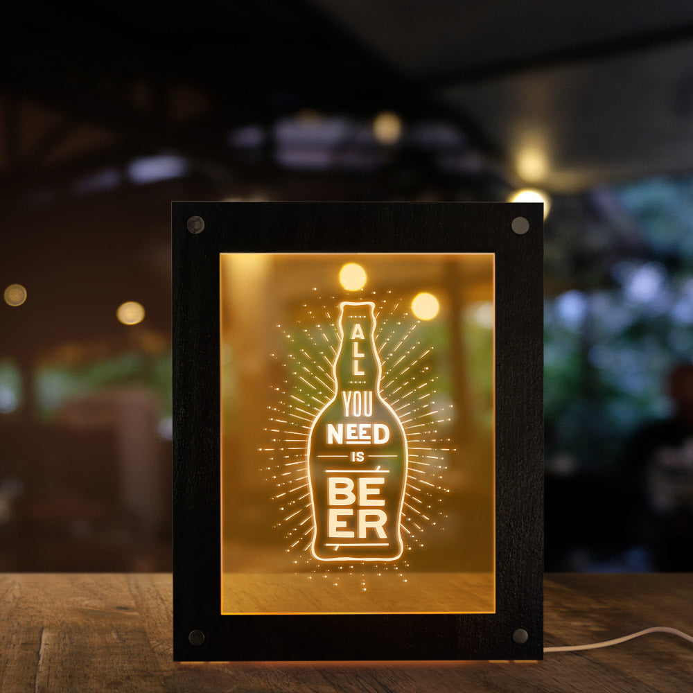All You Need Is Beer Electric Display Sign For Pub Decoration Beer Company Brew LED Business Logo Custom Lighting Wooden Frame by Woody Signs Co. - Handmade Crafted Unique Wooden Creative
