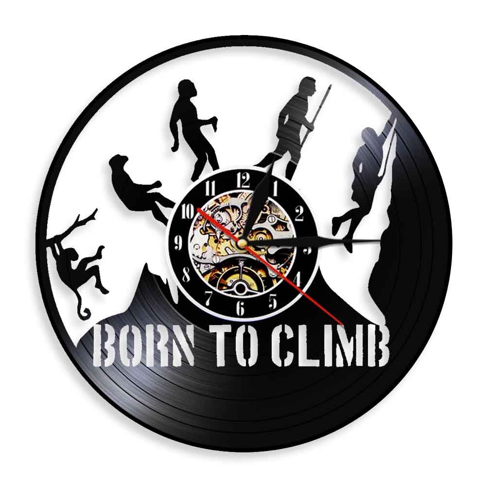 Mountain Climbing Evolution Climber Wall Clock Climbing Vinyl Record Wall Clock Born To Climb Deocrative Hiking Gifts by Woody Signs Co. - Handmade Crafted Unique Wooden Creative
