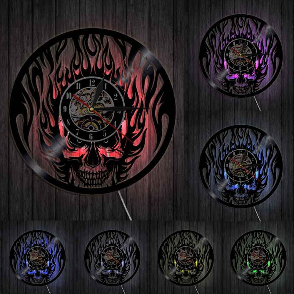 Flaming Skull Wall Clock Skull Head On Fire Vinyl Record Wall Clock Fire Burning Skeleton Halloween Clock by Woody Signs Co. - Handmade Crafted Unique Wooden Creative