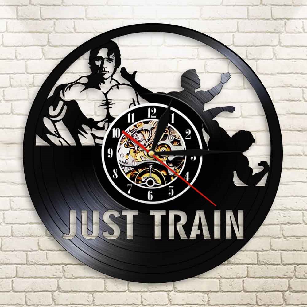 Just Train GYM Wall Clock Muscle Man Weighting Vinyl Record Wall Clock Fitness Center Clock by Woody Signs Co. - Handmade Crafted Unique Wooden Creative