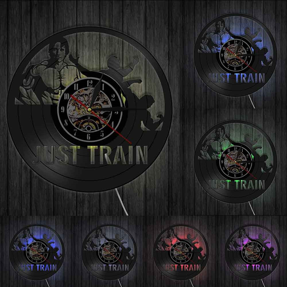 Just Train GYM Wall Clock Muscle Man Weighting Vinyl Record Wall Clock Fitness Center Clock by Woody Signs Co. - Handmade Crafted Unique Wooden Creative