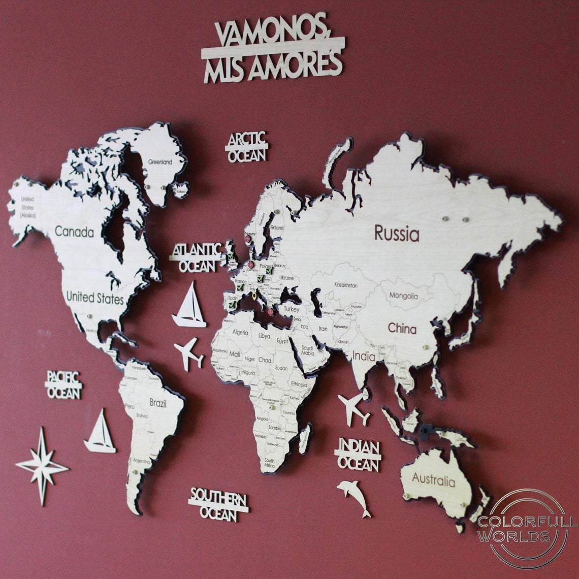 Metal World Map 3D - Decorative Metal 2 Size by Woody Signs Co. - Handmade Crafted Unique Wooden Creative