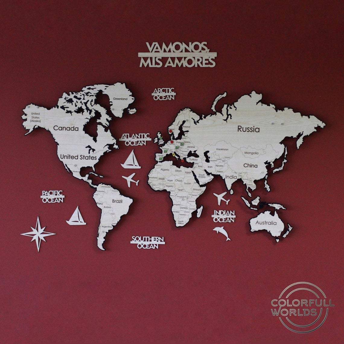 Metal World Map 3D - Decorative Metal 2 Size by Woody Signs Co. - Handmade Crafted Unique Wooden Creative