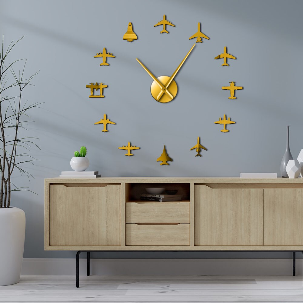 Flying Plane Fighter Jet Modern Large Wall Clock DIY Acrylic Mirror Effect Sticker Airplane Silent Wall Clock Aviator by Woody Signs Co. - Handmade Crafted Unique Wooden Creative