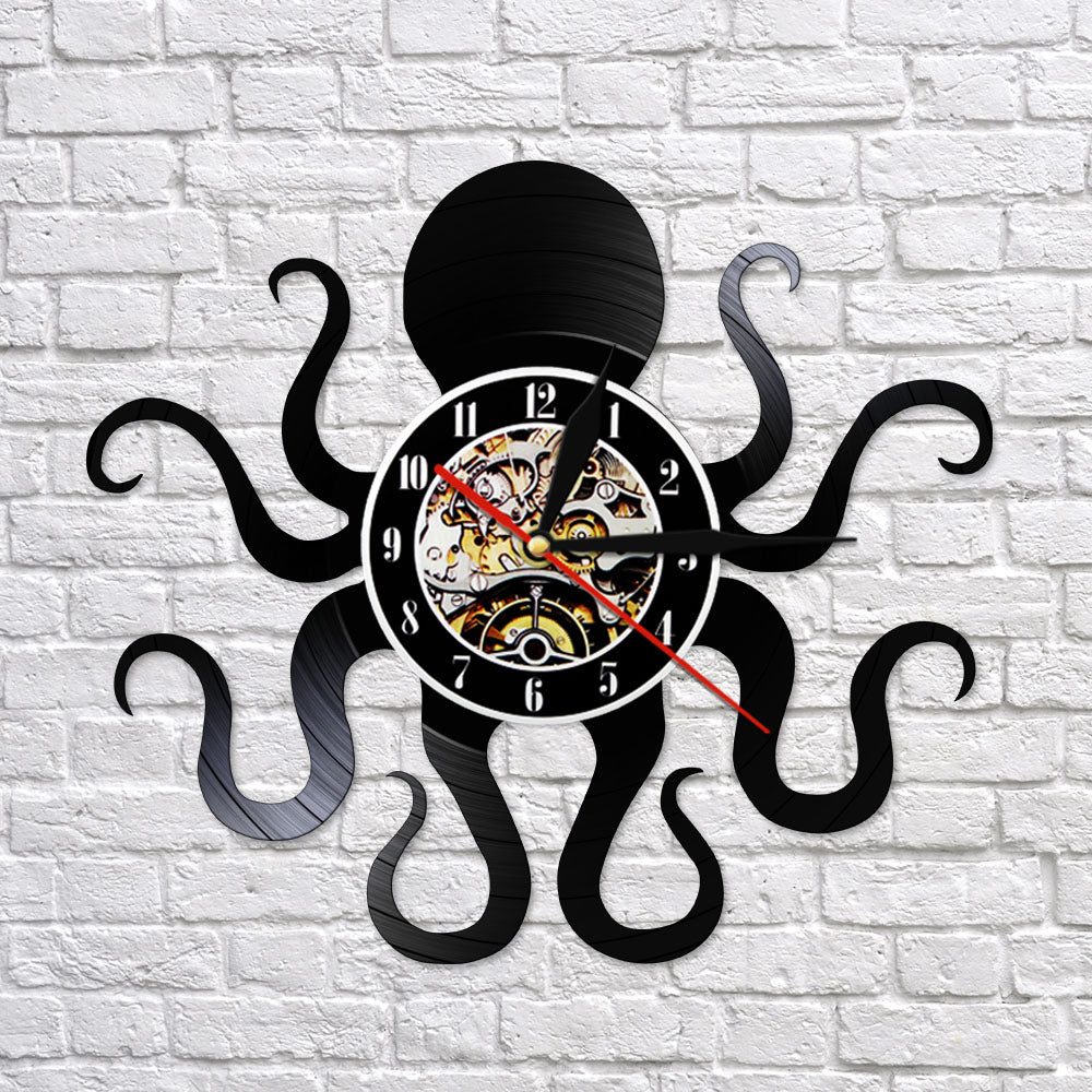 Retro Octopus Mollusk Vinyl Record Wall Clock With LED Backlight Kraken Octopus Ocean Animal LED Night Light Modern Clock Watch by Woody Signs Co. - Handmade Crafted Unique Wooden Creative