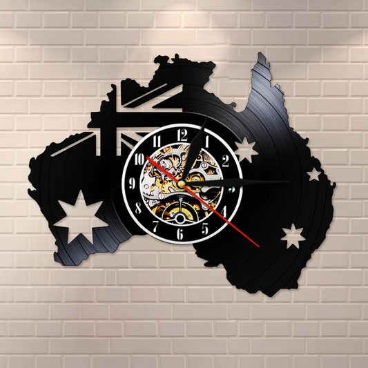 Flag of Australia Vinyl Record Wall Clock Patriotic  Australia Country Map Vintage Clock Watch Australia Travel Souvenir by Woody Signs Co. - Handmade Crafted Unique Wooden Creative