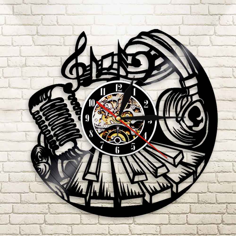 Musical Wall Clock Rock and Roll  Vinyl Record Clock Music Instrument Piano  Microphone Headset Vinyl Clock by Woody Signs Co. - Handmade Crafted Unique Wooden Creative