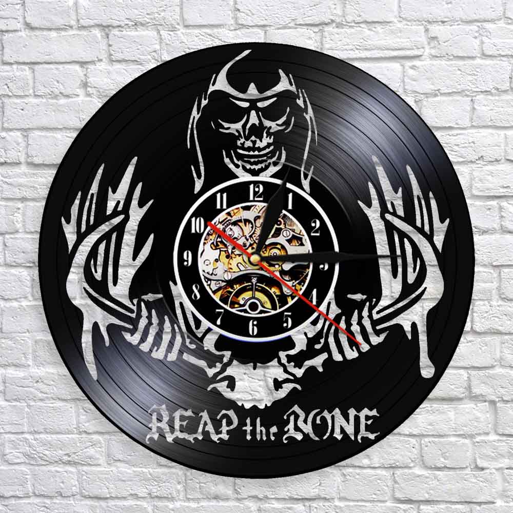 Reap The Bone Grim Reaper Horror Skeleton  Spooky Wall Clock Halloween Decor Death Skull Killer Vinyl Record Wall Clock by Woody Signs Co. - Handmade Crafted Unique Wooden Creative