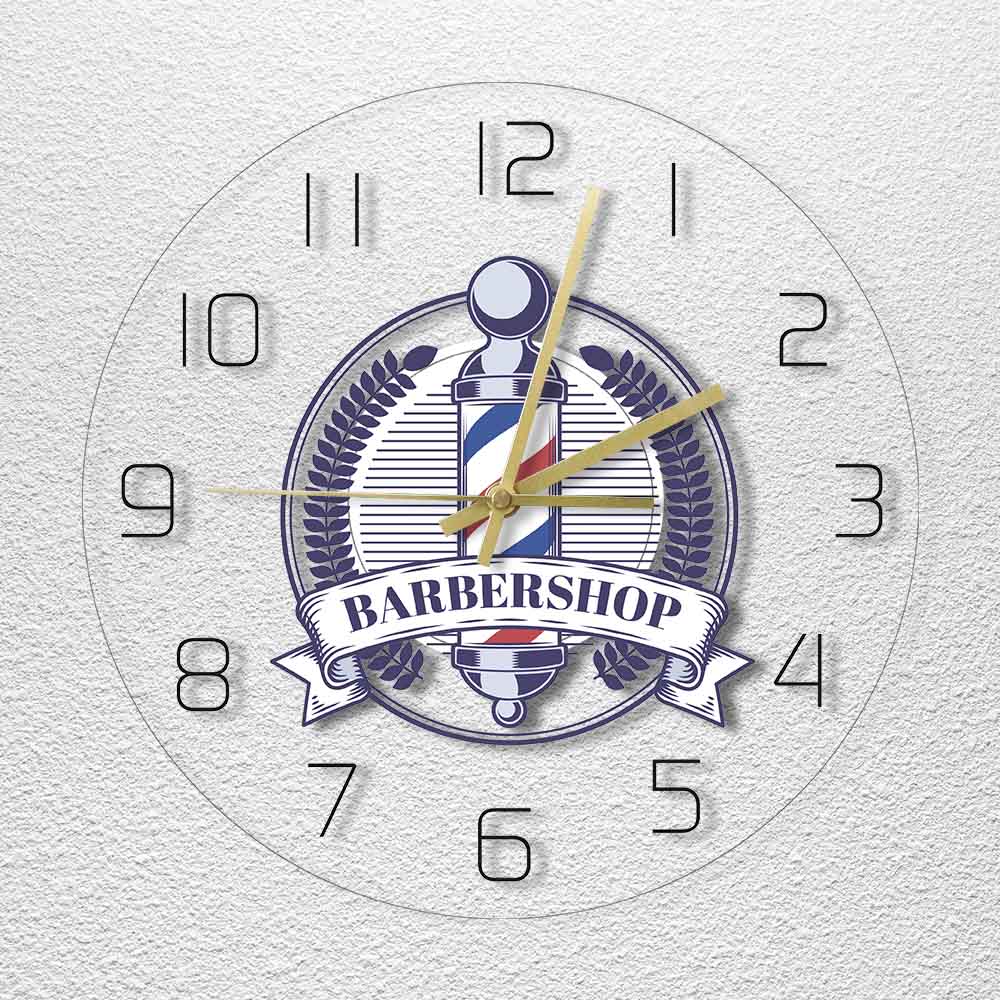 Barbershop Retro Badge Print Wall Clock Barber Shop Logo Modern Acrylic Wall Clock Male Hair Salon Barber Pole Wall Sign Clock by Woody Signs Co. - Handmade Crafted Unique Wooden Creative